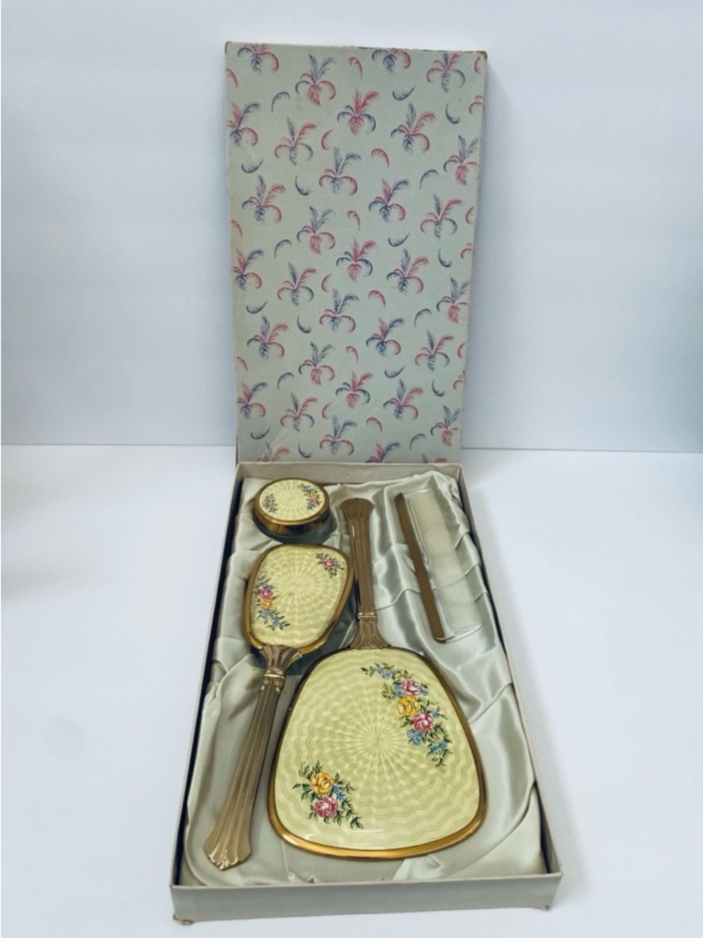 Vintage 4 Piece Vanity Dressing Table Set Mirror Brush Comb Powder Jar